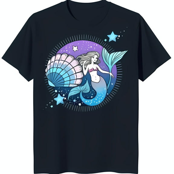 Joyful T-Shirt with Colorful Seashell & Stars Dark Blue Tee