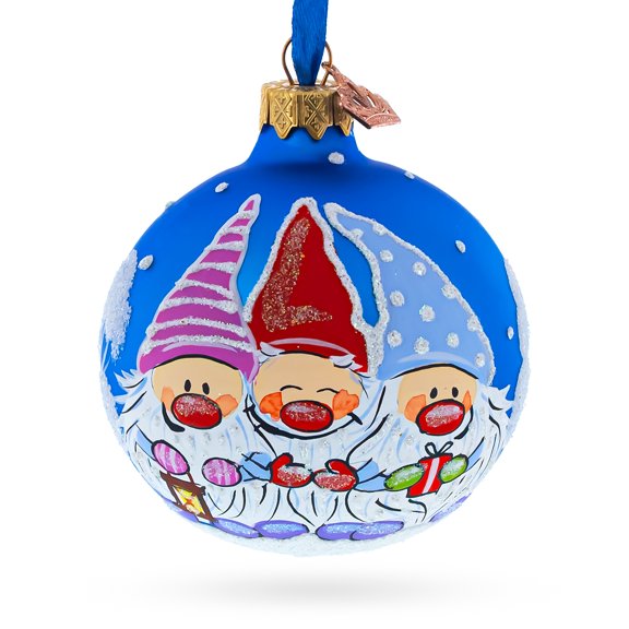 Joyful Trio of Gnomes Glass Ball Christmas Ornament 3.25 Inches