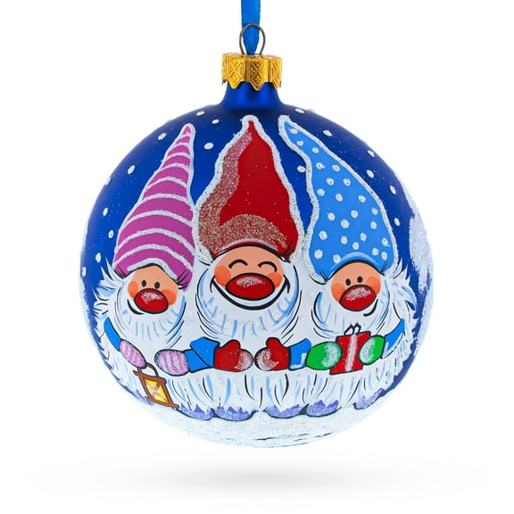 Joyful Trio of Gnomes Glass Ball Christmas Ornament 4 Inches