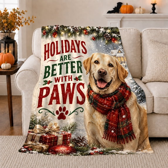 Joyful Yellow Labrador Holiday Paws Scene Red Plaid, Festive Pet Portrait Pattern, Warm Flannel Blanket for Living Room and Reading Nook, Dog Lovers Just Because Gift, Pet Lover Home Decor