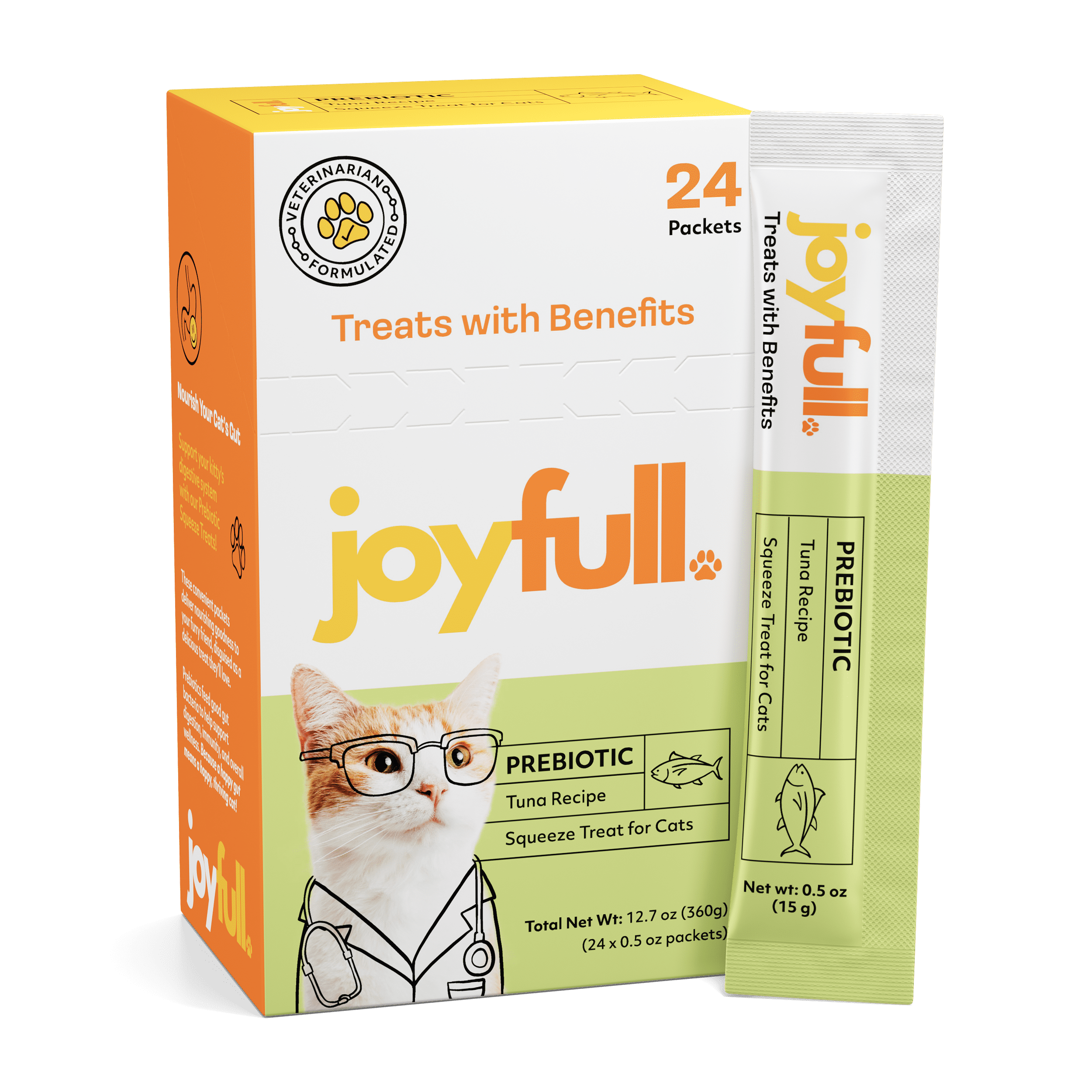 Joyfull Lickable Cat Treats with Prebiotics – Wild-Caught Tuna – Supports Digestive Health – 24 Tubes (0.5 oz Each)