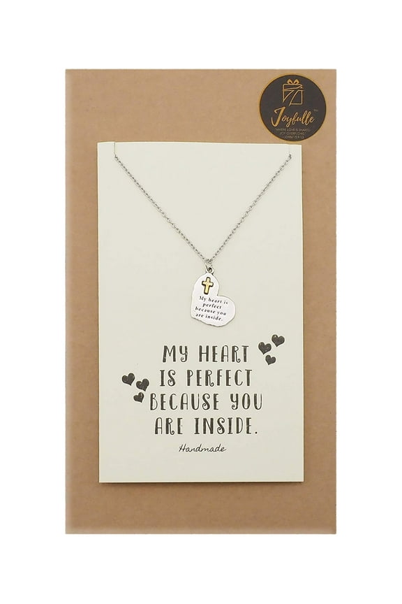 Cross Engraved in a Heart Pendant Necklace, Gifts for Women with Greeting Card