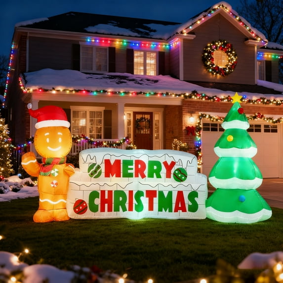 Joyfy 10 FT Christmas Inflatables Gingerbread Man & Christmas Tree Outdoor Decorations,Christmas Blow Ups Yard with Built-in LEDs for Holiday Party Garden Lawn Decor