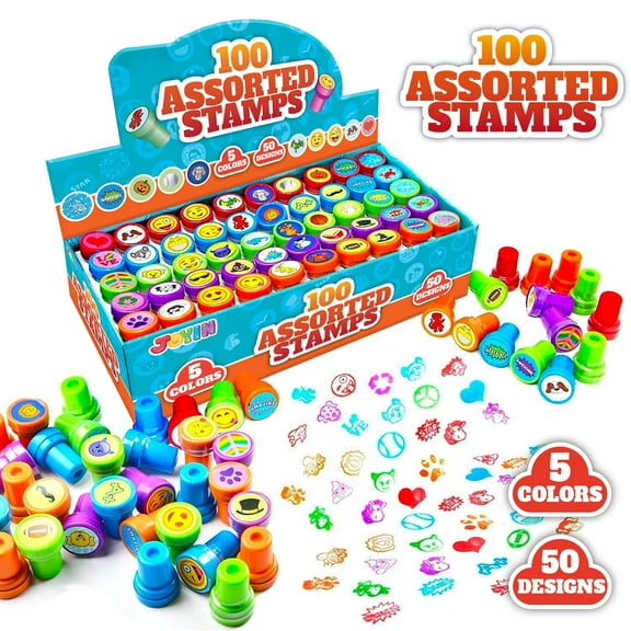 Joyfy 100 Pcs Assorted Stamps for Kids, Self Ink Stamps Sets, for Party Favor, Teacher Stamps, Prize for Classroom, Easter Egg Stuffers