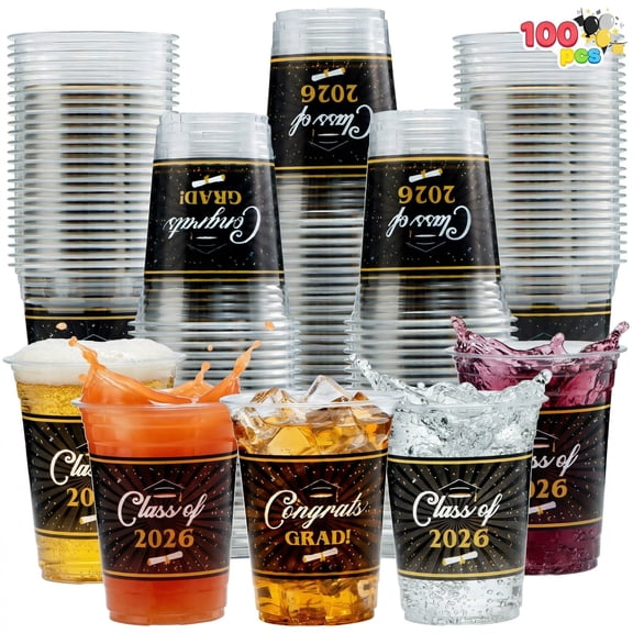 Joyfy 100 Pcs 16oz Graduation Party Cups (Black), Party Plastic Cups, Class of 2026 Graduates Disposable Tableware Set, PET Cup for High School College Graduation School Party Favors Supplies