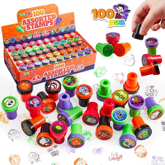Joyfy 100 Pcs Halloween Assorted Stamps for Kids,Halloween Stampers Halloween Stuff Halloween Goodies Bags Prizes,Halloween Toys for Trick or Treaters Gift,Basket Stuffers