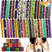 Joyfy 100 Pcs Halloween Slap Bracelets for Kids,Halloween Toys Bulk with Spider,Pumpkins,Animal Print for Prizes Gift Tr