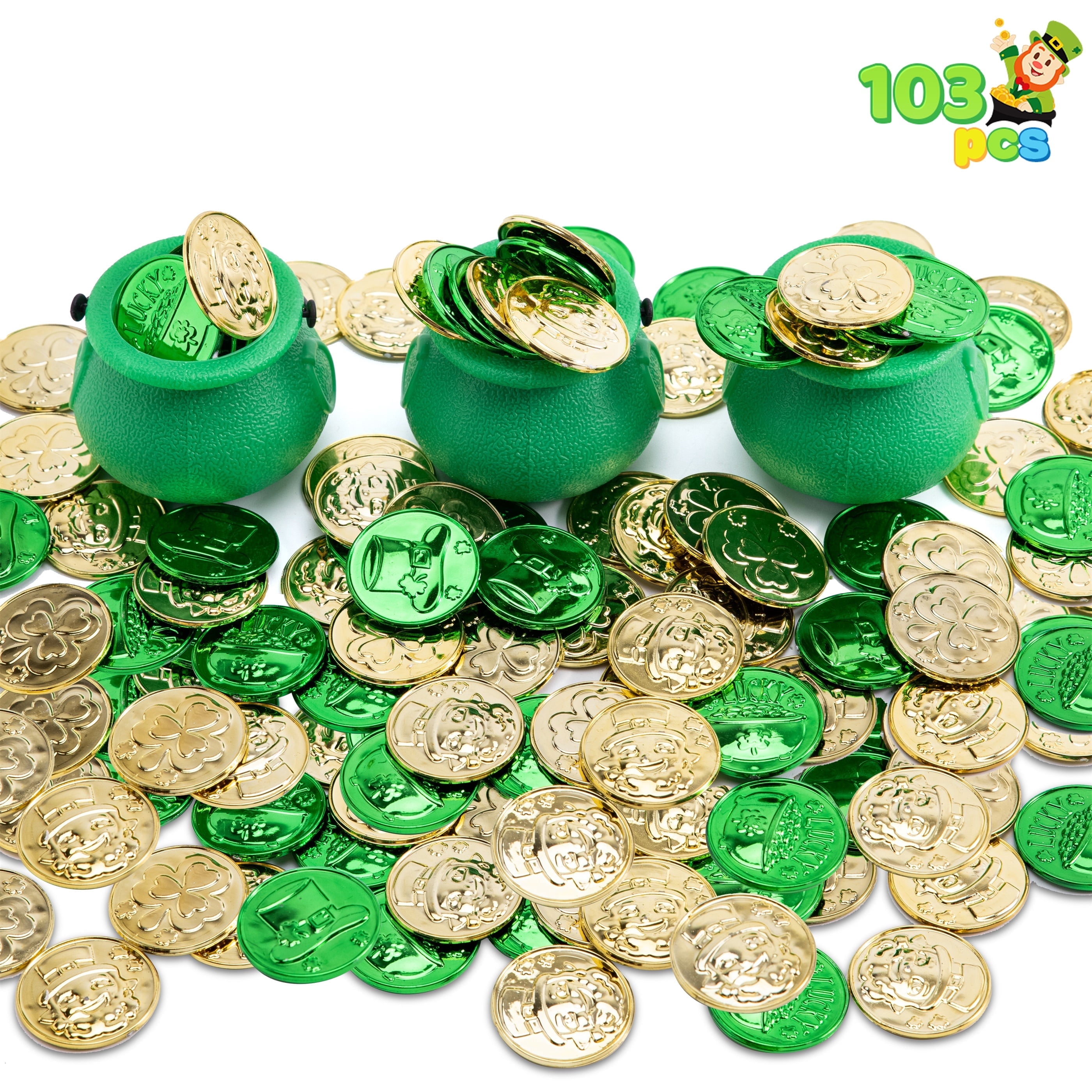 Joyfy 100 PCS St. Patrick's Day Coins with 3 PCS Small Green Cauldrons ...