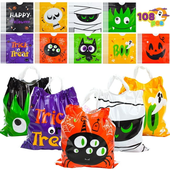 Joyfy 108 Pcs Halloween Treat Bags,Halloween Small Drawstring Candy Bags Goodie Bags Trick or Treat Bags Gift Bags,Halloween Bags Party Favors,Halloween Bags Bulk
