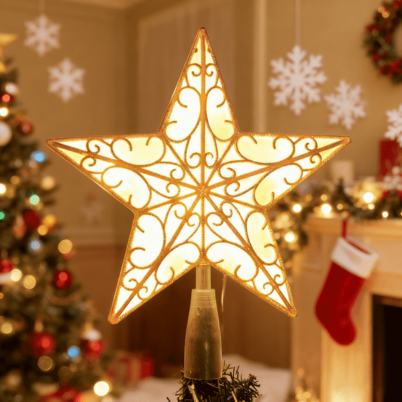 Joyfy Christmas Tree Topper,with LED Gold Print Glitter Small Star Tree Topper with Lights,Light Up Tree Topper Christmas Decorations Xmas Tree Decorations