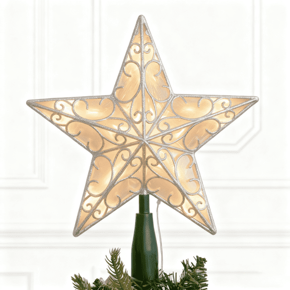 Joyfy 10" Christmas Tree Topper,with LED Silver Print Glitter Small Star Tree Topper with Lights,Light Up Tree Topper Christmas Decorations Xmas Tree Decorations