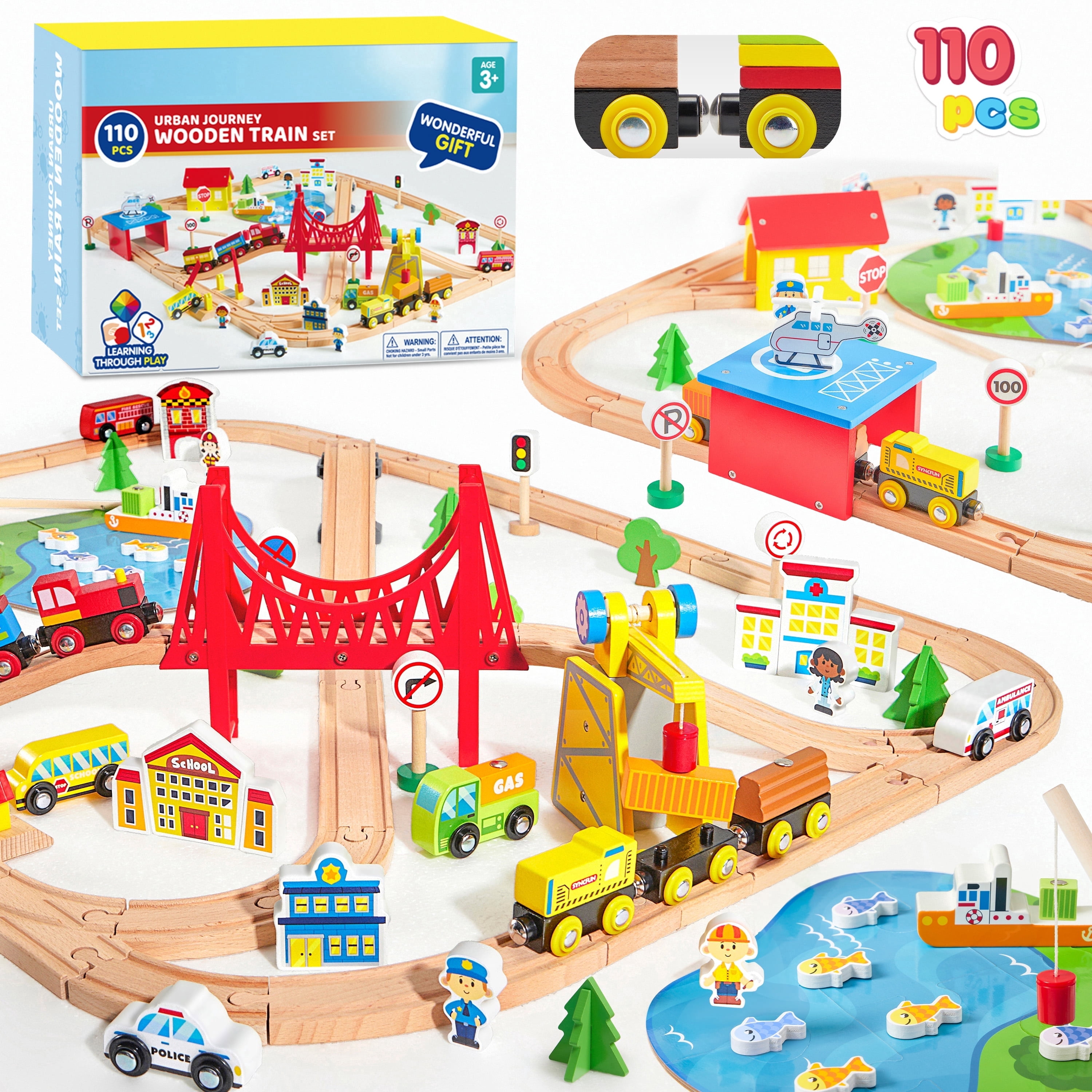 Joyfy Wooden Train Set 110 Pcs City Scene Railway Toys with Tracks