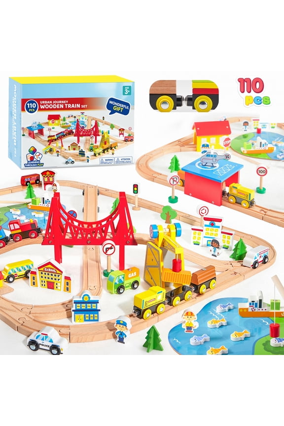 110 Pcs Wooden Train Set with Tracks City Scene Railway Set with Magnetic Trains Toy Accessories, Toys for Toddlers & Kids Ages 3-8, Gifts for Birthday Christmas