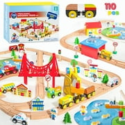 Joyfy 110 Pcs Wooden Train Set with Tracks City Scene Railway Set with Magnetic Trains Toy Accessories, Toys for Toddlers & Kids Ages 3-8, Gifts for Birthday Christmas