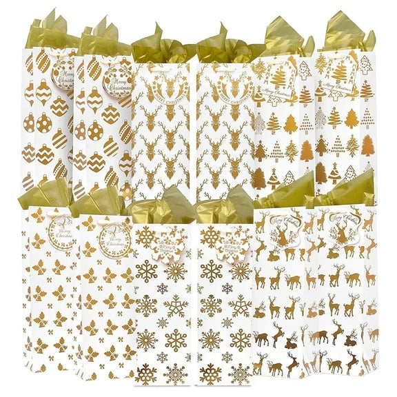 Joyfy 12 Pcs Christmas Wine Bottle Bags with Tissue Paper and Name Tags for Winter Holiday Xmas Gift Party Favor Decoration