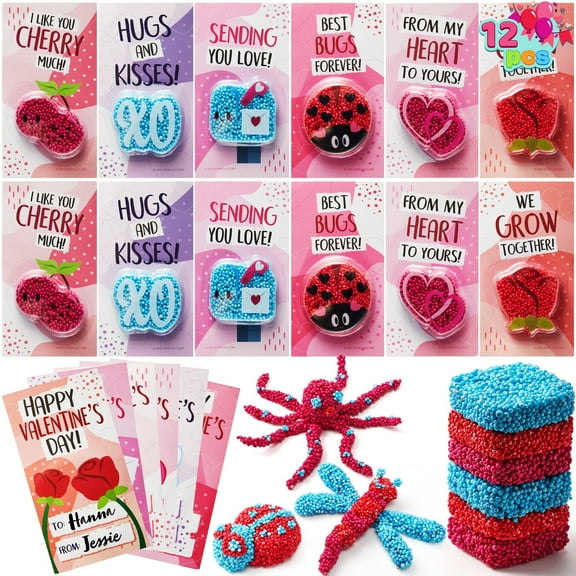 Joyfy 12 Packs Valentines Cards with Foam Squishy Toy for Kids, Valentines Gifts Set Stress Relief Fidget Toy for Boys Girls Valentines Class Exchange Cards