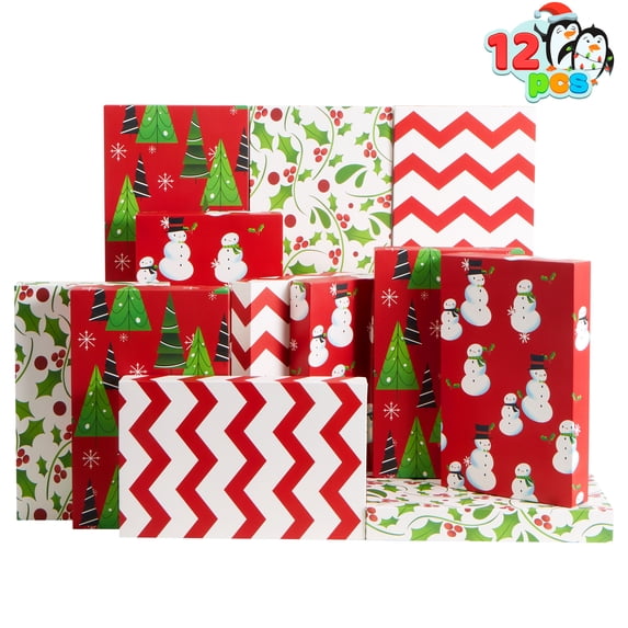 Joyfy 12 Pcs 14" x 9.5" x 2" Christmas Shirt Gift Boxes with Lids for Presents, Large Robe Cardboard Boxes, 4 Designs Decorative Box for Clothes, Xmas Birthday Holiday Wedding Gift Wrapping Decor