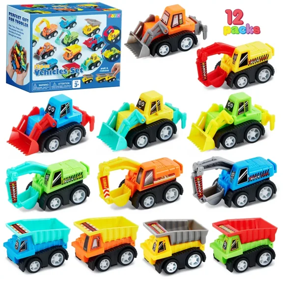 Joyfy 12 Pcs Car Toys, Mini Construction Pull Back Car Set with Excavator, Dump Truck and Bulldozers, Kids Sand Toy Trucks, Christmas Birthday Gift for Toddlers