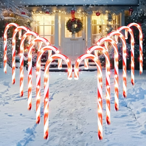 Joyfy 12 Pcs Christmas Candy Cane Lights Outdoor Pathway Lights Christmas Decorations Outdoor,12" Light Up Candy Canes Outdoor Xmas Lights for Outside Porch Yard