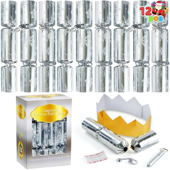 Joyfy 12 Pcs Christmas Crackers Party Favor Non-Snap Silver Snowflake Design Party Table Favors with Holiday Party Favor Supplies for Kids and Adults, Christmas Parties, Dinners and Holidays