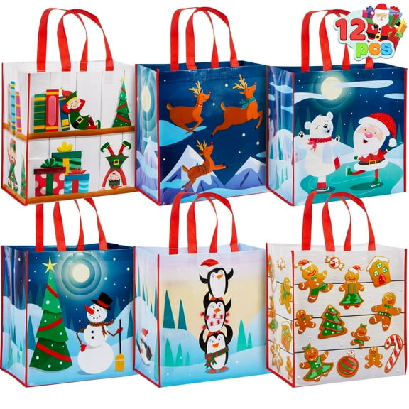 Joyfy 12 Pcs Christmas Large Tote Bags Holiday Reusable Grocery Bags for Classroom Party Favor Supplies, Christmas Shopping Bags, Xmas Party Supplies Bags (Late Night Christmas Colors)