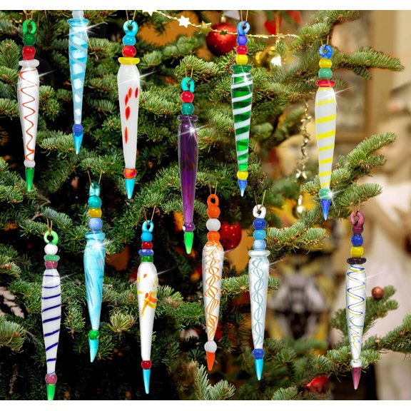 Joyfy 12 Pcs Colorful Icicle Glass Ornaments, Christmas Glass Ornaments for Christmas Tree Decorations 3.5-3.7" Long Glass Ornaments