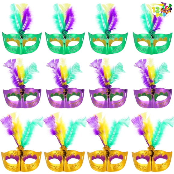 Joyfy 12 Pack Mardi Gras Feather Masks, Gold Green Purple Feather Masquerade Mask Bulk for Mardi Gras Party Decorations, Cosplay Costume Accessories, Party Favors