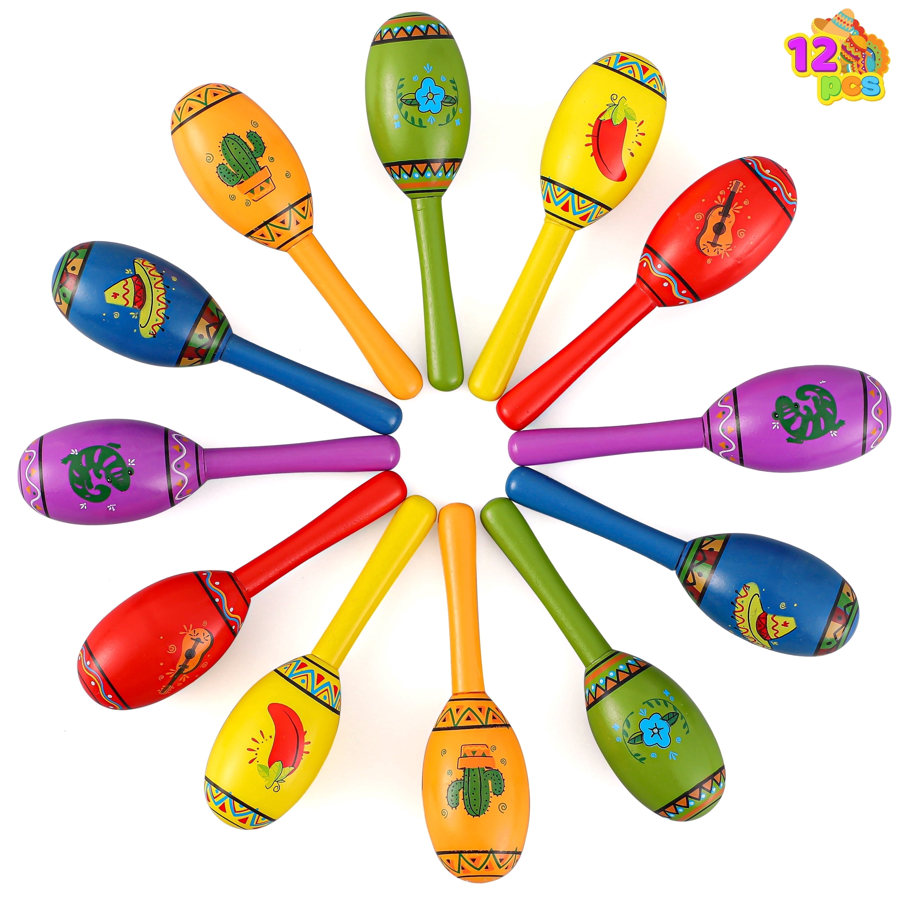 Joyfy 12 Pcs Wooden Maracas, 6 Designs Fiesta Maracas for Cinco De Mayo Party Favors, Musical Fun, Birthday Parties, Luau Party, Carnivals, Taco Tuesday Event