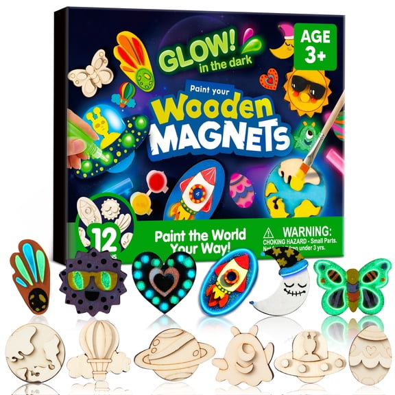 Joyfy 12 Pcs Wooden Magnets Painting Art & Craft for Kids, Glow in The Dark Painting Kit, Halloween Crafts Gift, Party Favors for Boys Girls Ages 3+