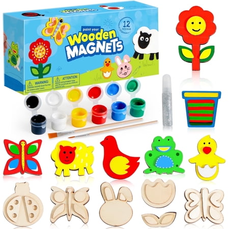 Joyfy 12-Piece Wooden Magnet Painting Art & Craft Kits for Kids, Wood Craft Kits for Toddlers,Party Favors for Easter Halloween