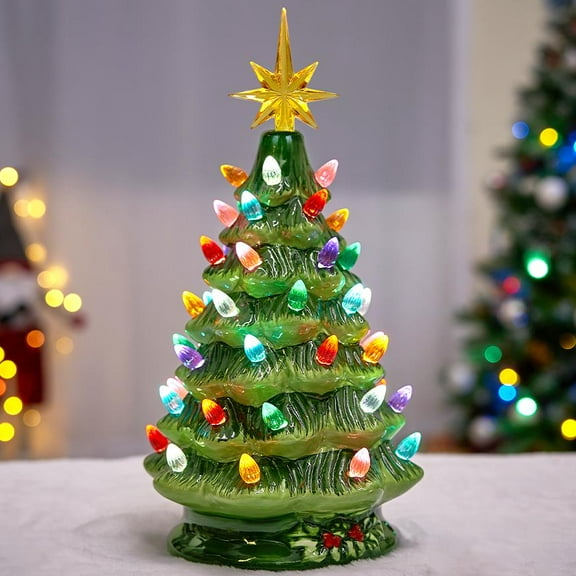 Joyfy 12 Inch Ceramic Christmas Tree,Prelit Ceramic Christmas Tree with Multicolor Lights,Table Top Christmas Tree Decorations,Holiday Tree