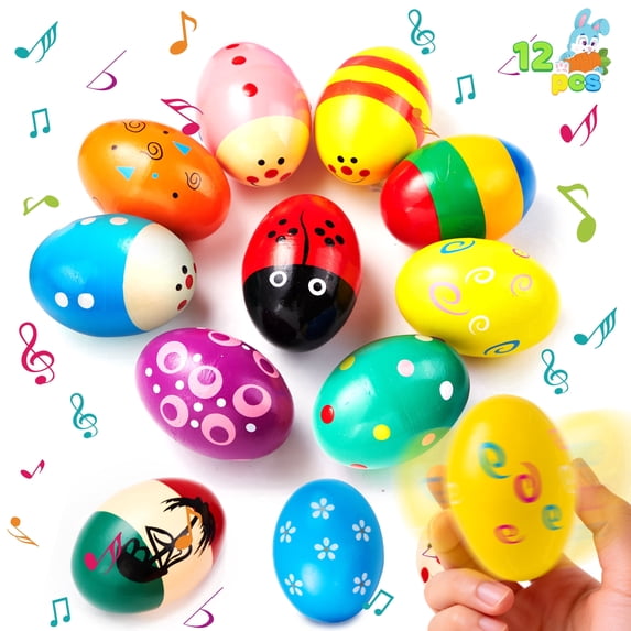 Joyfy 12 Pcs Wooden Egg Shakers Maracas Percussion Musical Toys for Party Favors, Easter Basket Stuffers Fillers,Classroom Prize Supplies,Gifts for Kids Toddlers (1.9" * 2.7")