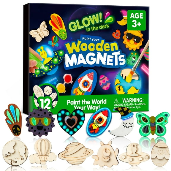 Joyfy 12 Pcs Wooden Magnets Painting Art & Craft for Kids, Glow in The Dark Painting Kit, Halloween Crafts Christmas Gift, Party Favors for Boys Girls Ages 3 