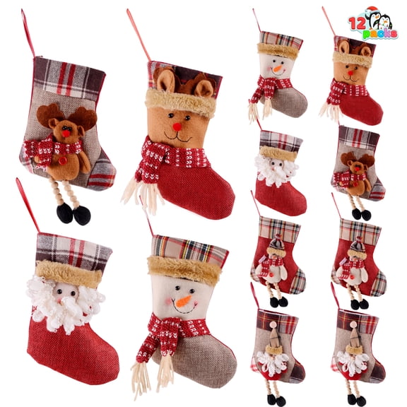 Joyfy 12 Pcs Mini Christmas 3D Bulk Xmas Stockings Santa Snowman Reindeer Burlap Stockings for Present Holders Treat Bags Christmas Party Decors