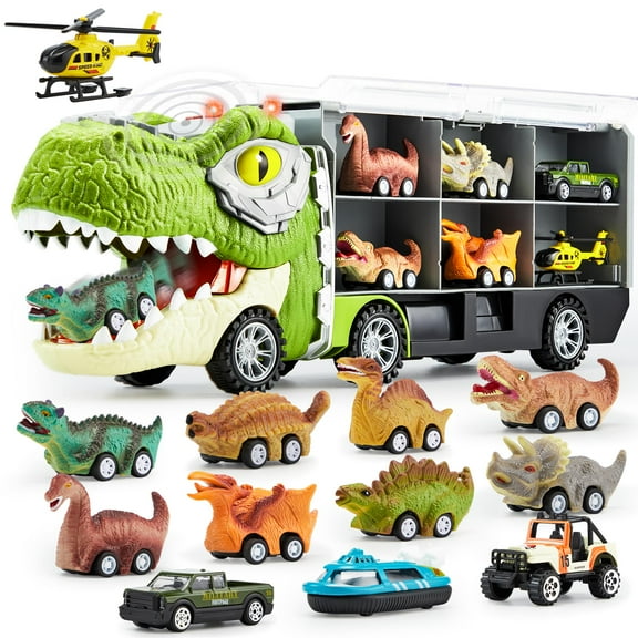 Joyfy 13 in 1 Dinosaur Truck Toys for Kids, Dinosaur Truck with Light & Sound, Including 12 Pull Back Cars, Great Christmas and Birthday Gifts Toy for Boy 3 4 5