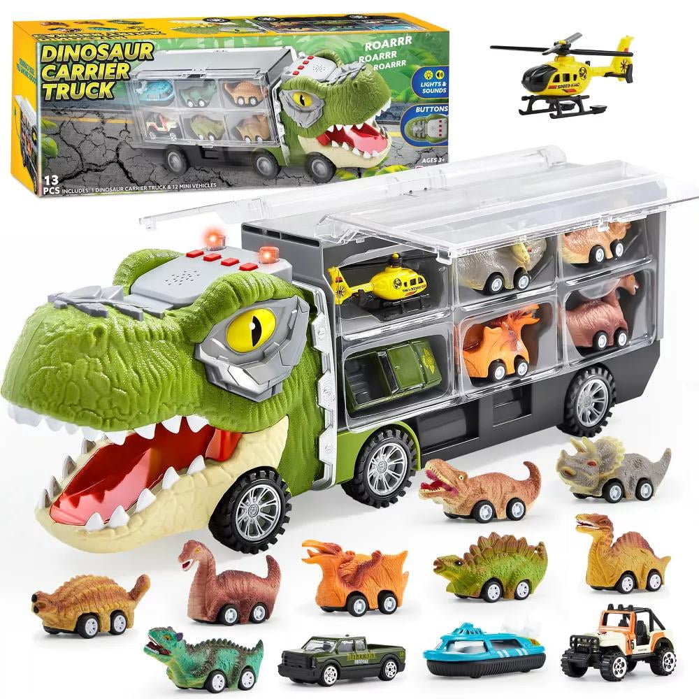 Joyfy 13 in 1 Dinosaur Truck Toys for Kids, Dinosaur Truck with Light & Sound, Including 12 Pull Back Cars, Great Christmas and Birthday Gifts Toy for Boy 3 4 5