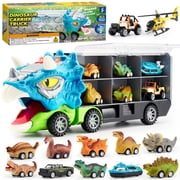Joyfy 13 in 1 Dinosaur Truck Toys for Kids, Triceraptor Dinosaur Truck with Light & Sound, Including 12 Pull Back Cars, Great Christmas and Birthday Gifts Toy for Boy 3 4 5