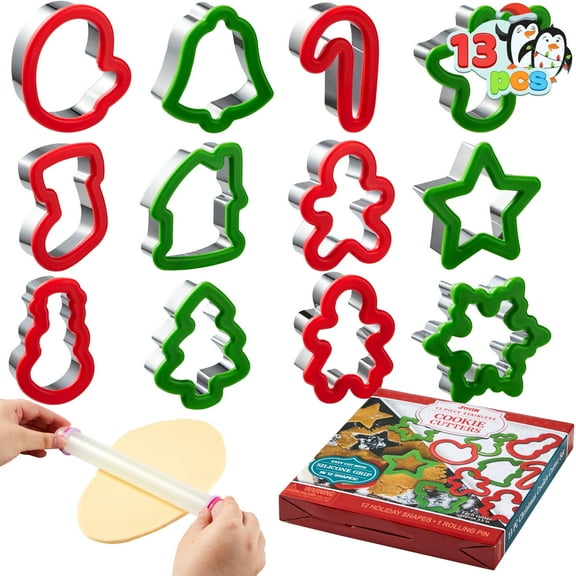 Joyfy 13 Pcs 3.5" Christmas Cookie Cutters with Rolling Pin for Christmas Party Cookies Baking