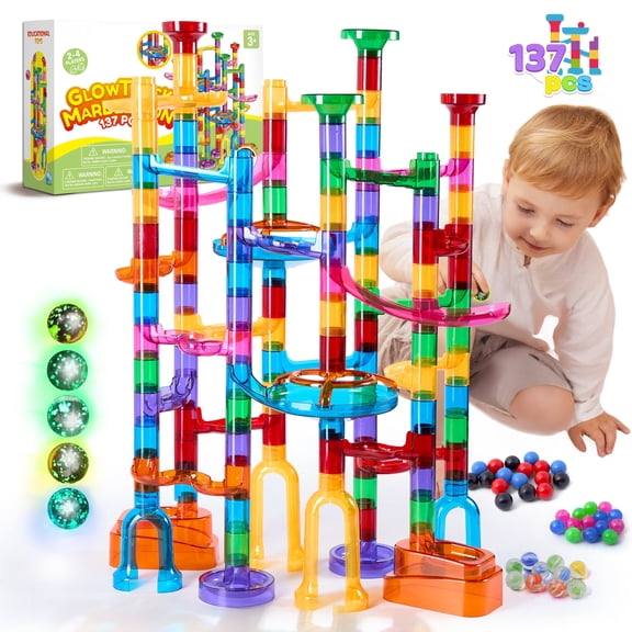 Joyfy 137Pcs Glowing Marble Run Game Set for Kids, STEM Building Toys Construction Blocks with 15 Glow in The Dark Marbles, Christmas Birthday Gift for Boys Girls Over 3