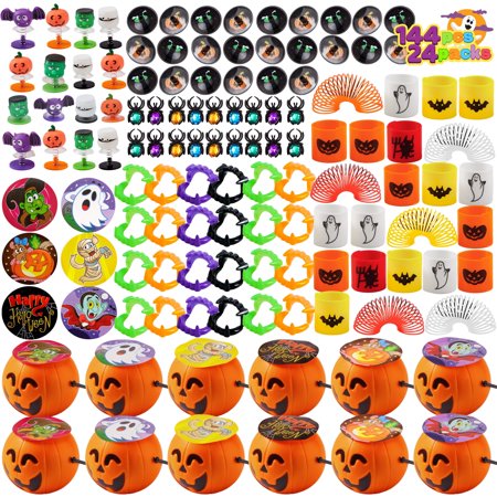 Joyfy 144 Pcs Halloween Toys Party Favors for Kids,Halloween Goodies Including Pumpkin Buckets,Spider Rings,Poppers,Spring,Vampire Teeth and Spinning Tops
