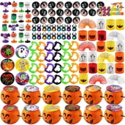 Joyfy 144 Pcs Halloween Toys Party Favors for Kids,Halloween Goodies Including Pumpkin Buckets,Spider Rings,Poppers,Spring,Vampire Teeth and Spinning Tops