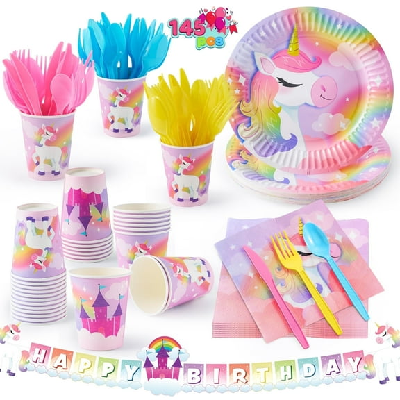 Joyfy 145 Pcs Unicorn Party Supplies with Unicorn Banner for Girls Birthday Party, 24 Serves Disposable Tableware Set for Unicorn Themes Party Kids Age 2 3 4 5 6 7 8