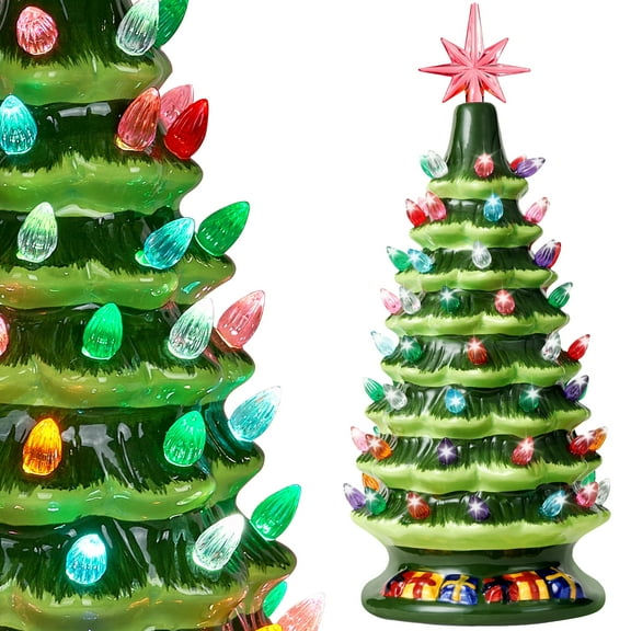 Joyfy 15 Inch Ceramic Christmas Tree,Prelit Ceramic Christmas Tree with 70 Multicolor Lights,Table Top Christmas Tree Decorations,Holiday Tree