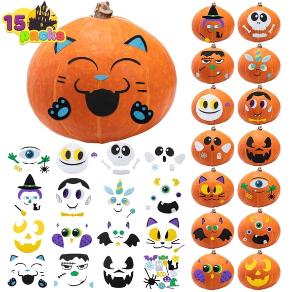 Joyfy 15 Packs Halloween Foam Pumpkin Decorating Stickers with 15 Designs, Halloween Craft Kit Party Favors for Kids, Cute Jack O Lantern Face Stickers School Arts Activities Games Gifts