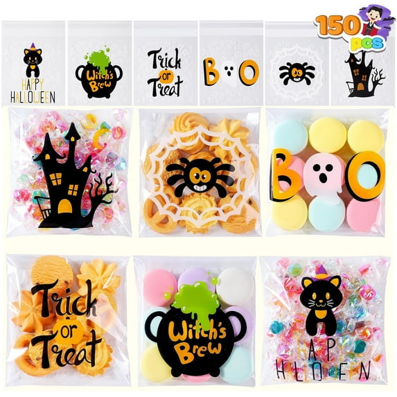 Joyfy 150 Pcs Halloween Treat Bags,Small Goodie Bags Clear Cookie and Candy Bags for Kids Trick or Treating,Cellophane Bags Halloween Party Supplies