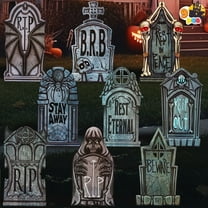 Joyfy 16" 9 Pcs Halloween Tombstones Decorations Outdoor Graveyard Decorations,Plastic Headstones with 18 Metal Stakes for Halloween Indoor Prop Decorations, Party Decor Supplies