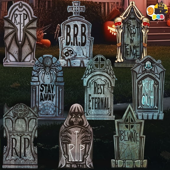 Joyfy 16" 9 Pcs Halloween Tombstones Decorations Outdoor Graveyard Decorations,Plastic Headstones with 18 Metal Stakes for Halloween Indoor Prop Decorations, Party Decor Supplies