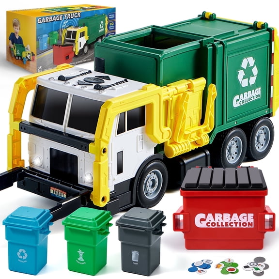 Joyfy 16" Large Garbage Truck Toy with Lights & Sounds, Realistic Trash Truck with Trash Can Lifter & Dumping Function, Gift for Boys Ages 2 3 4 5, Christmas & Birthday Present(Green)