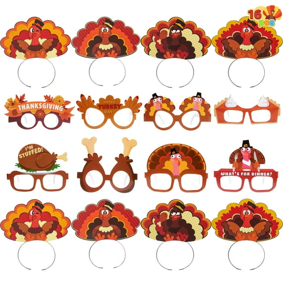 Joyfy 16 Pack Thanksgiving Turkey Hat for Kids Adult,Headbands and Glasses Frame for Thanksgiving Role Play,Party Favors Accessories(One Size Fits All)