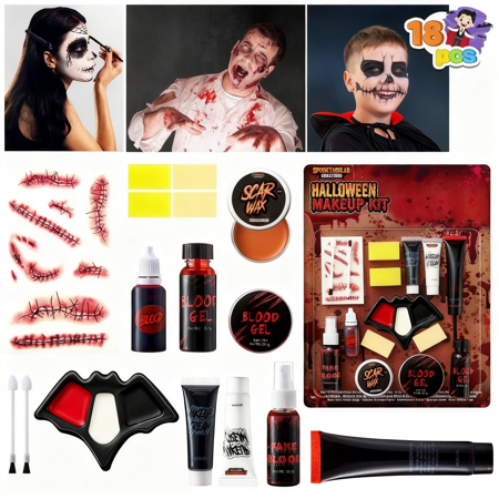 Joyfy 18 Pcs Halloween Makeup Kit,Halloween Family Makeup Set Face Painting Kit with Liquid Blood Gel,Fake Blood and More for Zombie Vampire Cosplay for Adult Kids
